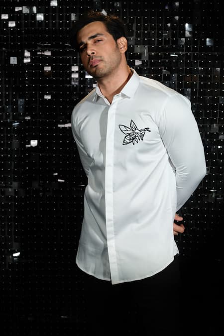 Shop Sanjana Reddy Designs White Cotton Embroidery Cutdana Bee Shirt at Aza Fashions Shop_Sanjana Reddy Designs_White Cotton Embroidery Cutdana Bee Shirt _at_Aza_Fashions
