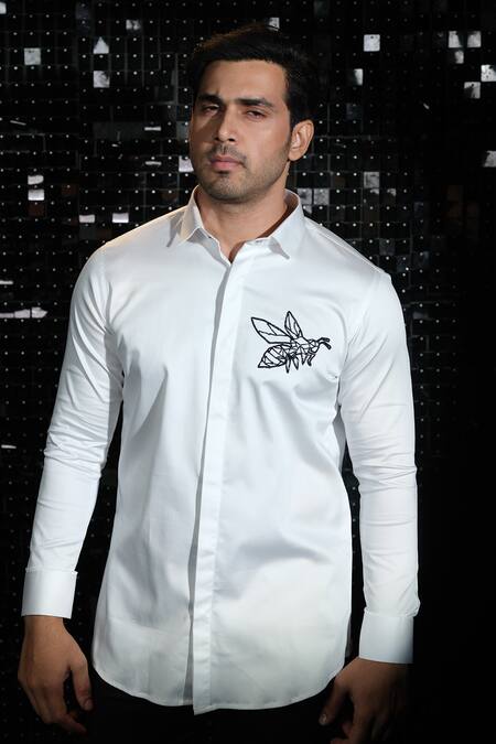 Sanjana Reddy Designs White Cotton Embroidery Cutdana Bee Shirt Online at Aza Fashions Sanjana Reddy Designs_White Cotton Embroidery Cutdana Bee Shirt _Online_at_Aza_Fashions