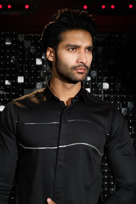 Shop Sanjana Reddy Designs Black Stretchable Cotton Embroidered Cutdana Parallel Line Shirt at Aza Fashions Shop_Sanjana Reddy Designs_Black Stretchable Cotton Embroidered Cutdana Parallel Line Shirt _at_Aza_Fashions