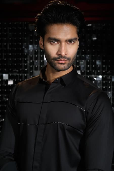 Shop Sanjana Reddy Designs Black Stretchable Cotton Embroidered Cutdana Curved Parallel Line Shirt at Aza Fashions Shop_Sanjana Reddy Designs_Black Stretchable Cotton Embroidered Cutdana Curved Parallel Line Shirt _at_Aza_Fashions