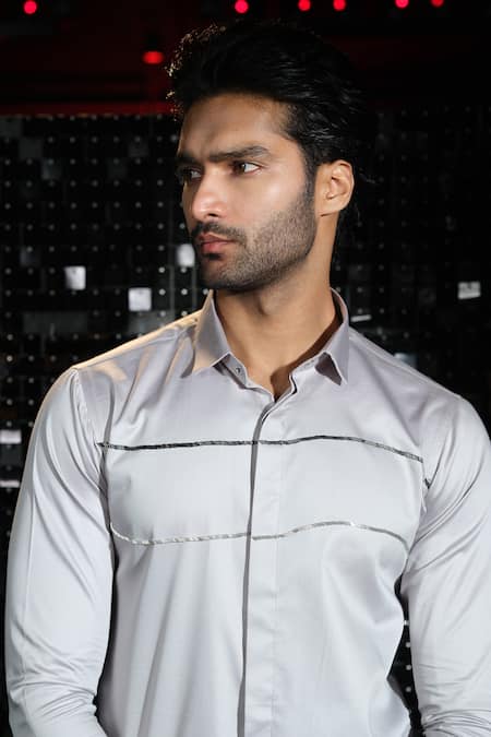 Shop Sanjana Reddy Designs Grey Cotton Cut Work Cutdana Embroidered Shirt at Aza Fashions Shop_Sanjana Reddy Designs_Grey Cotton Cut Work Cutdana Embroidered Shirt _at_Aza_Fashions