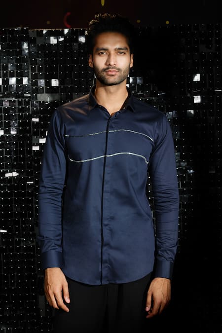 Shop Sanjana Reddy Designs Blue Stretchable Cotton Embroidered Cutdana Work Shirt at Aza Fashions Shop_Sanjana Reddy Designs_Blue Stretchable Cotton Embroidered Cutdana Work Shirt _at_Aza_Fashions