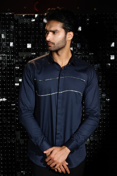 Sanjana Reddy Designs Blue Stretchable Cotton Embroidered Cutdana Work Shirt Online at Aza Fashions Sanjana Reddy Designs_Blue Stretchable Cotton Embroidered Cutdana Work Shirt _Online_at_Aza_Fashions