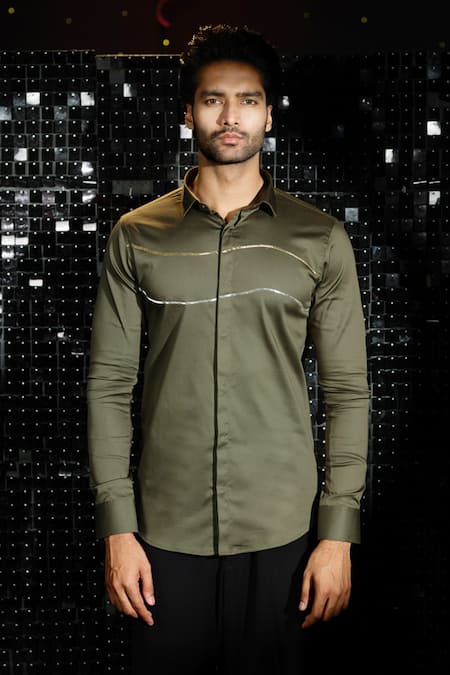 Shop Sanjana Reddy Designs Green Cotton Cut Work Cutdana Curved Parallel Line Embroidered Shirt at Aza Fashions Shop_Sanjana Reddy Designs_Green Cotton Cut Work Cutdana Curved Parallel Line Embroidered Shirt _at_Aza_Fashions