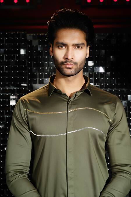 Sanjana Reddy Designs Green Cotton Cut Work Cutdana Curved Parallel Line Embroidered Shirt Online at Aza Fashions Sanjana Reddy Designs_Green Cotton Cut Work Cutdana Curved Parallel Line Embroidered Shirt _Online_at_Aza_Fashions