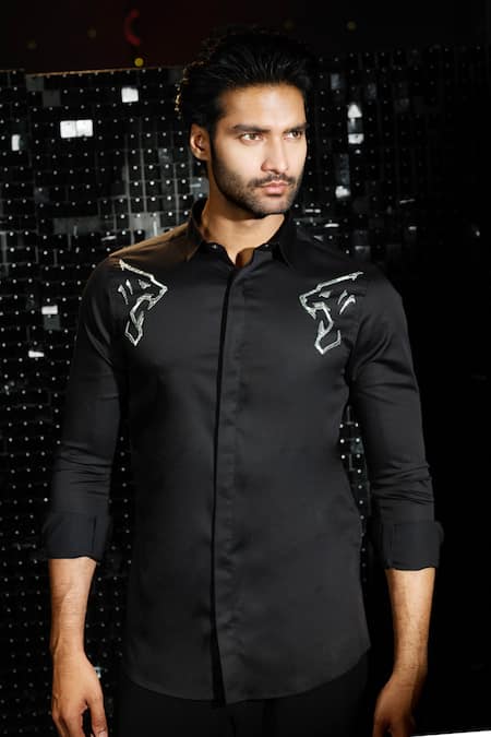 Shop Sanjana Reddy Designs Black Cotton Embroidery Salli Panther Shirt at Aza Fashions Shop_Sanjana Reddy Designs_Black Cotton Embroidery Salli Panther Shirt _at_Aza_Fashions