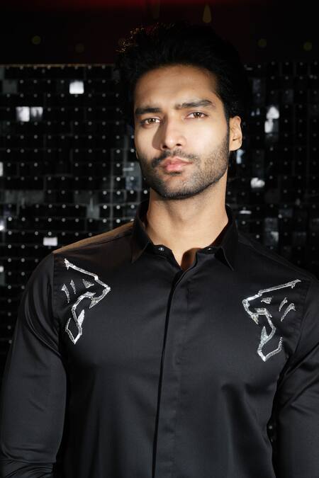 Sanjana Reddy Designs Black Cotton Embroidery Salli Panther Shirt Online at Aza Fashions Sanjana Reddy Designs_Black Cotton Embroidery Salli Panther Shirt _Online_at_Aza_Fashions