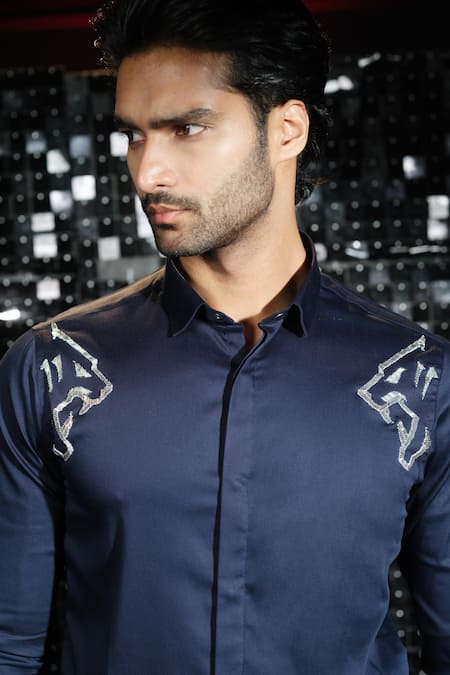 Shop_Sanjana Reddy Designs_Blue Stretchable Cotton Embroidered Salli Shirt _at_Aza_Fashions