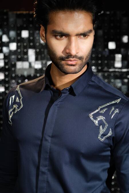 Sanjana Reddy Designs_Blue Stretchable Cotton Embroidered Salli Shirt _Online_at_Aza_Fashions