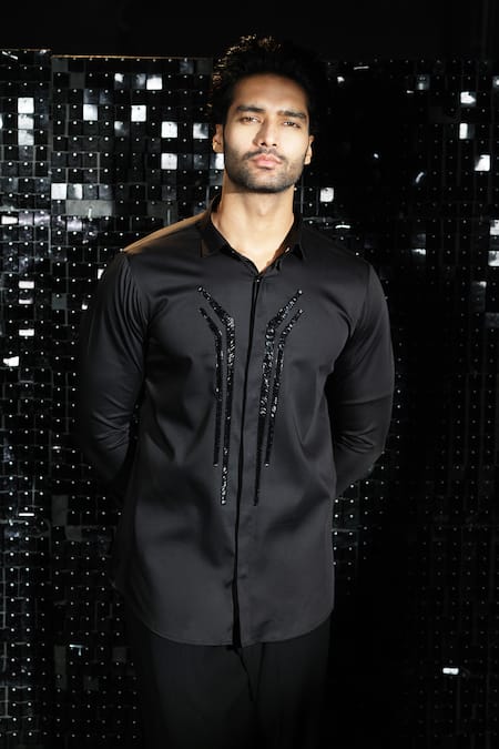 Shop Sanjana Reddy Designs Black Stretchable Cotton Embroidered Salli Abstract Line Shirt at Aza Fashions Shop_Sanjana Reddy Designs_Black Stretchable Cotton Embroidered Salli Abstract Line Shirt _at_Aza_Fashions