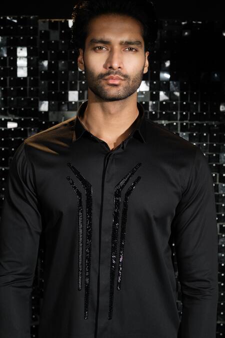 Sanjana Reddy Designs Black Stretchable Cotton Embroidered Salli Abstract Line Shirt Online at Aza Fashions Sanjana Reddy Designs_Black Stretchable Cotton Embroidered Salli Abstract Line Shirt _Online_at_Aza_Fashions