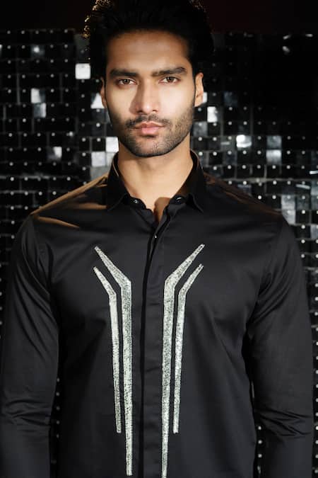 Shop Sanjana Reddy Designs Black Stretchable Cotton Embroidered Salli Abstract Line Shirt at Aza Fashions Shop_Sanjana Reddy Designs_Black Stretchable Cotton Embroidered Salli Abstract Line Shirt _at_Aza_Fashions