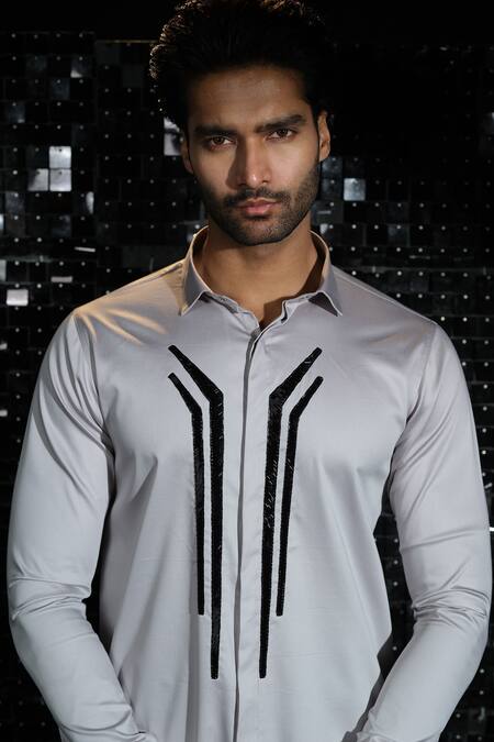 Sanjana Reddy Designs Grey Stretchable Cotton Embroidered Salli Hand Shirt Online at Aza Fashions Sanjana Reddy Designs_Grey Stretchable Cotton Embroidered Salli Hand Shirt _Online_at_Aza_Fashions