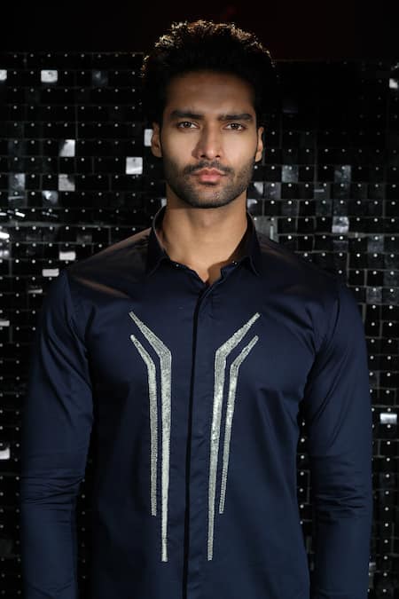 Shop Sanjana Reddy Designs Blue Cotton Embroidery Salli Abstract Lines Hand Shirt at Aza Fashions Shop_Sanjana Reddy Designs_Blue Cotton Embroidery Salli Abstract Lines Hand Shirt _at_Aza_Fashions