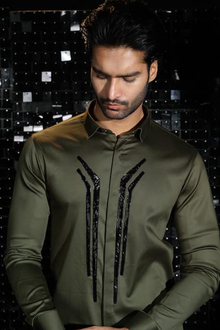 Shop Sanjana Reddy Designs Green Stretchable Cotton Embroidered Salli Abstract Line Shirt at Aza Fashions Shop_Sanjana Reddy Designs_Green Stretchable Cotton Embroidered Salli Abstract Line Shirt _at_Aza_Fashions