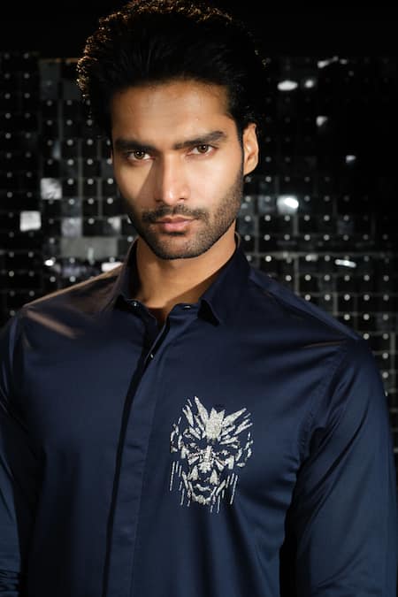 Shop Sanjana Reddy Designs Blue Stretchable Cotton Embroidered Salli 3d Human Face Shirt at Aza Fashions Shop_Sanjana Reddy Designs_Blue Stretchable Cotton Embroidered Salli 3d Human Face Shirt _at_Aza_Fashions