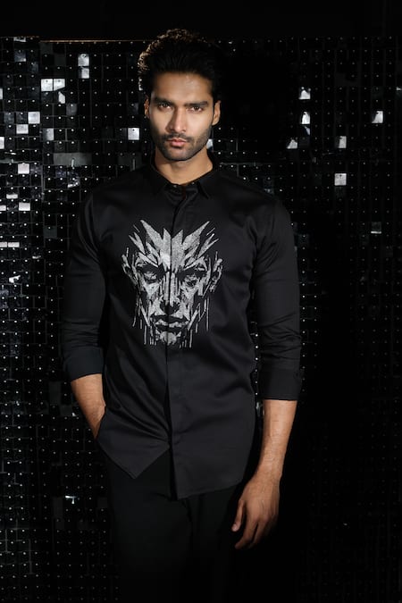 Shop Sanjana Reddy Designs Black Stretchable Cotton Embroidered 3d Face Shirt at Aza Fashions Shop_Sanjana Reddy Designs_Black Stretchable Cotton Embroidered 3d Face Shirt _at_Aza_Fashions