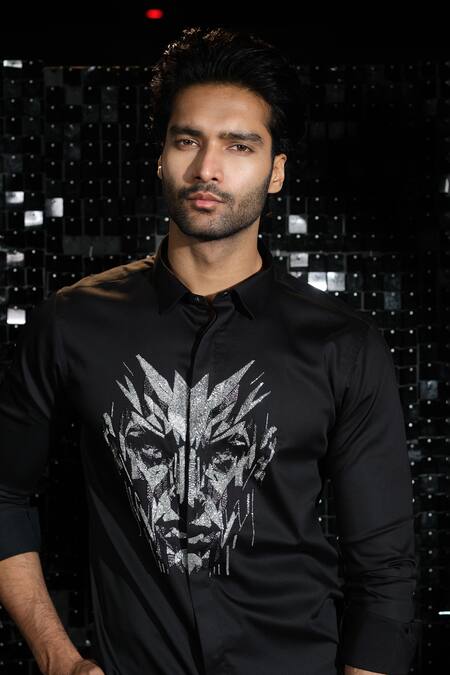 Sanjana Reddy Designs Black Stretchable Cotton Embroidered 3d Face Shirt Online at Aza Fashions Sanjana Reddy Designs_Black Stretchable Cotton Embroidered 3d Face Shirt _Online_at_Aza_Fashions