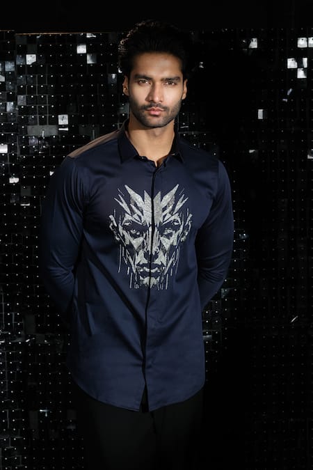 Shop Sanjana Reddy Designs Blue Stretchable Cotton Embroidered Human Face Shirt at Aza Fashions Shop_Sanjana Reddy Designs_Blue Stretchable Cotton Embroidered Human Face Shirt _at_Aza_Fashions