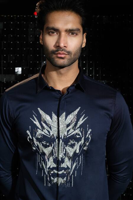 Sanjana Reddy Designs Blue Stretchable Cotton Embroidered Human Face Shirt Online at Aza Fashions Sanjana Reddy Designs_Blue Stretchable Cotton Embroidered Human Face Shirt _Online_at_Aza_Fashions