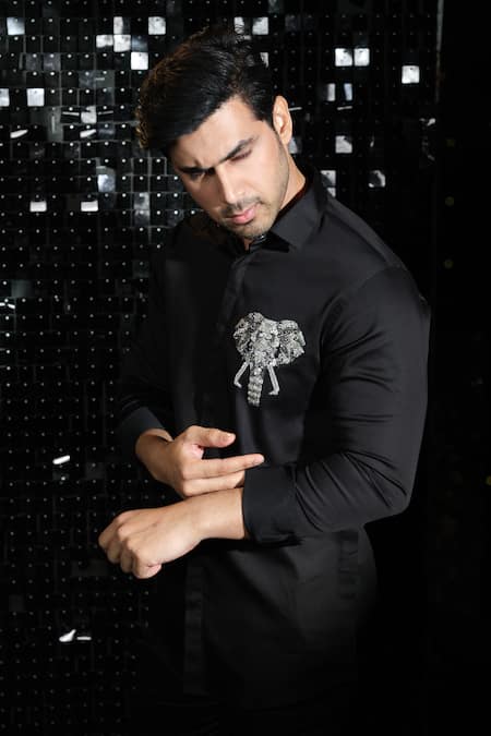 Shop Sanjana Reddy Designs Black Stretchable Cotton Embroidered Elephant Motif 3d Shirt at Aza Fashions Shop_Sanjana Reddy Designs_Black Stretchable Cotton Embroidered Elephant Motif 3d Shirt _at_Aza_Fashions