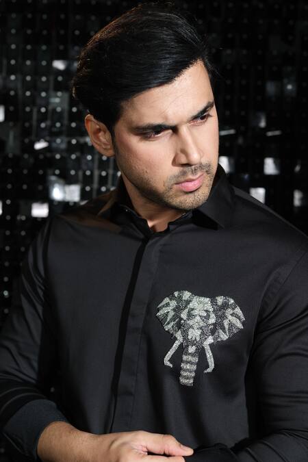 Sanjana Reddy Designs Black Stretchable Cotton Embroidered Elephant Motif 3d Shirt Online at Aza Fashions Sanjana Reddy Designs_Black Stretchable Cotton Embroidered Elephant Motif 3d Shirt _Online_at_Aza_Fashions