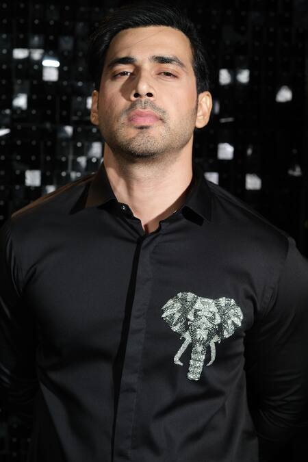 Buy Sanjana Reddy Designs Black Stretchable Cotton Embroidered Elephant Motif 3d Shirt Online at Aza Fashions Buy_Sanjana Reddy Designs_Black Stretchable Cotton Embroidered Elephant Motif 3d Shirt _Online_at_Aza_Fashions