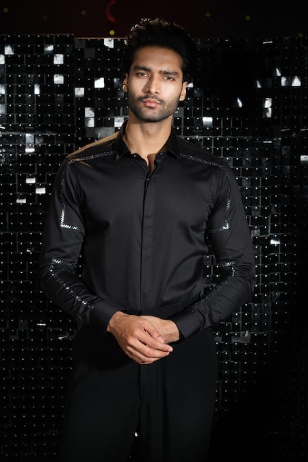 Shop Sanjana Reddy Designs Black Stretchable Cotton Embroidered Metallic Stripe Shirt at Aza Fashions Shop_Sanjana Reddy Designs_Black Stretchable Cotton Embroidered Metallic Stripe Shirt _at_Aza_Fashions