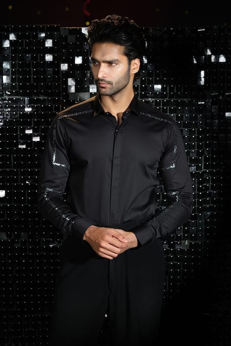 Sanjana Reddy Designs Black Stretchable Cotton Embroidered Metallic Stripe Shirt Online at Aza Fashions Sanjana Reddy Designs_Black Stretchable Cotton Embroidered Metallic Stripe Shirt _Online_at_Aza_Fashions