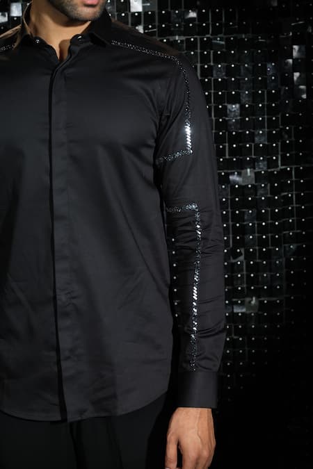 Buy Sanjana Reddy Designs Black Stretchable Cotton Embroidered Metallic Stripe Shirt Online at Aza Fashions Buy_Sanjana Reddy Designs_Black Stretchable Cotton Embroidered Metallic Stripe Shirt _Online_at_Aza_Fashions