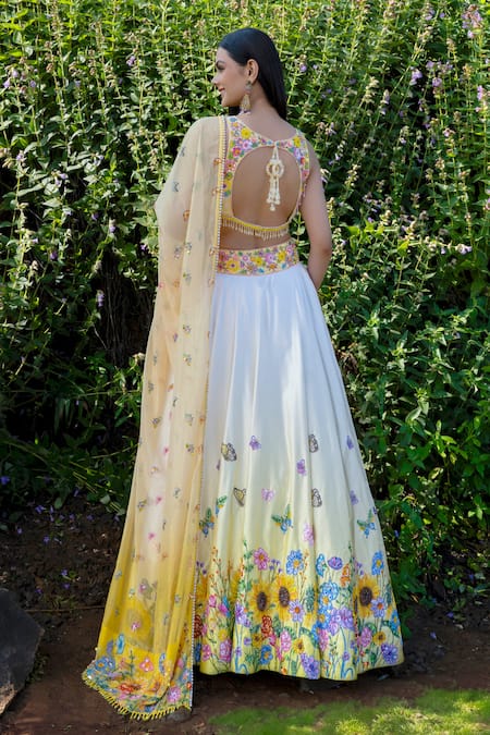 Shop Label Priyanka Kar Yellow Chiffon, Satin Tassels, Embroidery, Beads V-neck Hand Ombre Lehenga Set at Aza Fashions Shop_Label Priyanka Kar_Yellow Chiffon, Satin Tassels, Embroidery, Beads V-neck Hand Ombre Lehenga Set _at_Aza_Fashions