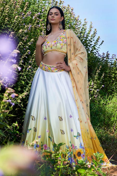 Label Priyanka Kar Yellow Chiffon, Satin Tassels, Embroidery, Beads V-neck Hand Ombre Lehenga Set at Aza Fashions Label Priyanka Kar_Yellow Chiffon, Satin Tassels, Embroidery, Beads V-neck Hand Ombre Lehenga Set _at_Aza_Fashions