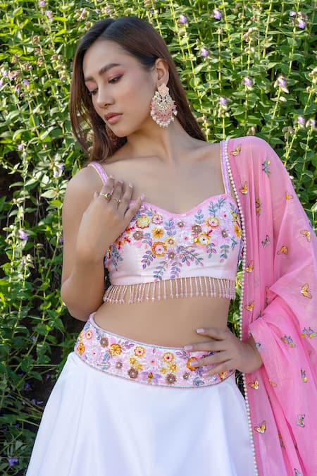 Buy Label Priyanka Kar Pink Satin, Crepe, Chiffon Tassels, Embroidery Hand Ombre Lehenga Blouse Set Buy_Label Priyanka Kar_Pink Satin, Crepe, Chiffon Tassels, Embroidery Hand Ombre Lehenga Blouse Set