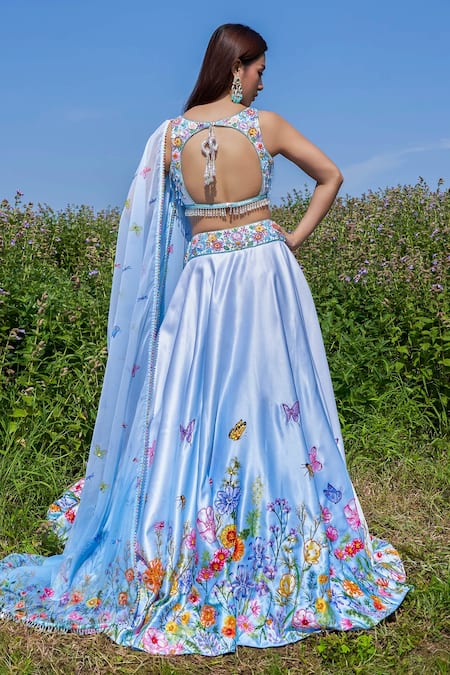 Shop Label Priyanka Kar Blue Satin, Chiffon, Silk, Cotton Tassels, Embroidery Hand Lehenga Blouse Set at Aza Fashions Shop_Label Priyanka Kar_Blue Satin, Chiffon, Silk, Cotton Tassels, Embroidery Hand Lehenga Blouse Set _at_Aza_Fashions