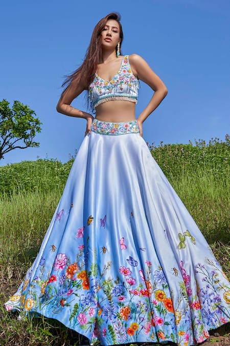 Label Priyanka Kar Blue Satin, Chiffon, Silk, Cotton Tassels, Embroidery Hand Lehenga Blouse Set Online at Aza Fashions Label Priyanka Kar_Blue Satin, Chiffon, Silk, Cotton Tassels, Embroidery Hand Lehenga Blouse Set _Online_at_Aza_Fashions