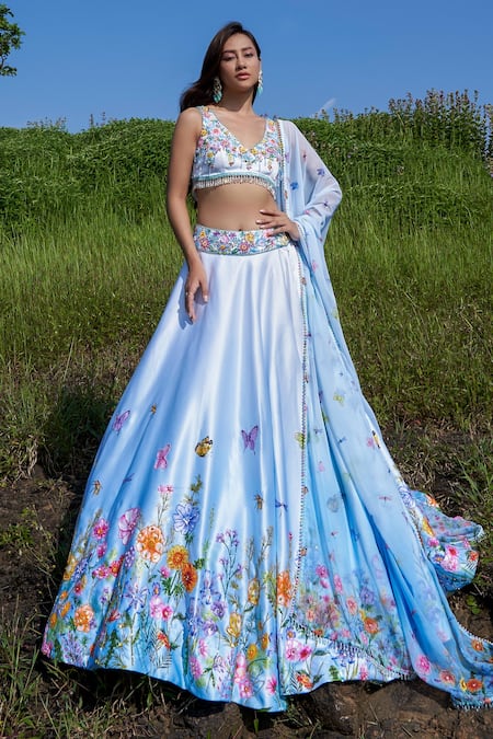 Shop Label Priyanka Kar Blue Satin, Chiffon, Silk, Cotton Tassels, Embroidery Hand Lehenga Blouse Set Online at Aza Fashions Shop_Label Priyanka Kar_Blue Satin, Chiffon, Silk, Cotton Tassels, Embroidery Hand Lehenga Blouse Set _Online_at_Aza_Fashions