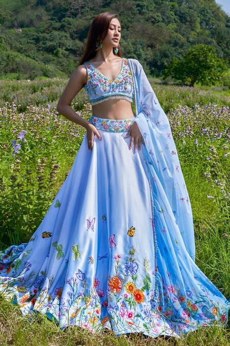 Label Priyanka Kar Blue Satin, Chiffon, Silk, Cotton Tassels, Embroidery Hand Lehenga Blouse Set at Aza Fashions Label Priyanka Kar_Blue Satin, Chiffon, Silk, Cotton Tassels, Embroidery Hand Lehenga Blouse Set _at_Aza_Fashions