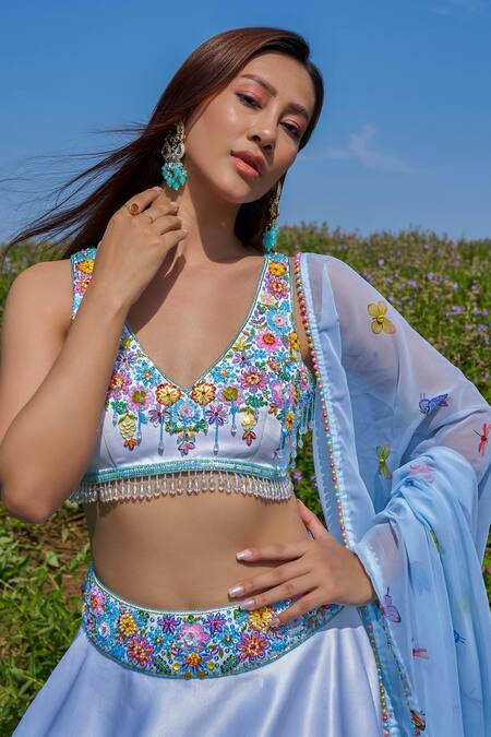 Buy Label Priyanka Kar Blue Satin, Chiffon, Silk, Cotton Tassels, Embroidery Hand Lehenga Blouse Set Buy_Label Priyanka Kar_Blue Satin, Chiffon, Silk, Cotton Tassels, Embroidery Hand Lehenga Blouse Set