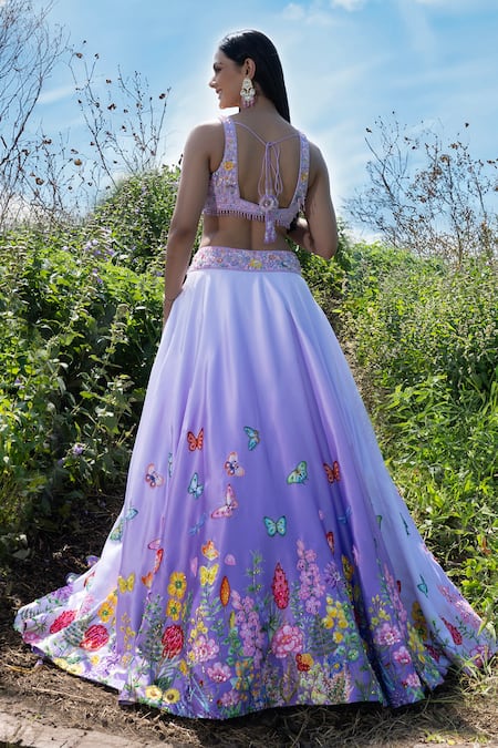 Shop Label Priyanka Kar Purple Silk, Satin Tassels, Embroidery Asymmetric Botanical Hand Lehenga Set at Aza Fashions Shop_Label Priyanka Kar_Purple Silk, Satin Tassels, Embroidery Asymmetric Botanical Hand Lehenga Set _at_Aza_Fashions