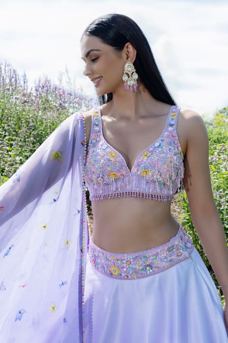 Label Priyanka Kar Purple Silk, Satin Tassels, Embroidery Asymmetric Botanical Hand Lehenga Set Online at Aza Fashions Label Priyanka Kar_Purple Silk, Satin Tassels, Embroidery Asymmetric Botanical Hand Lehenga Set _Online_at_Aza_Fashions