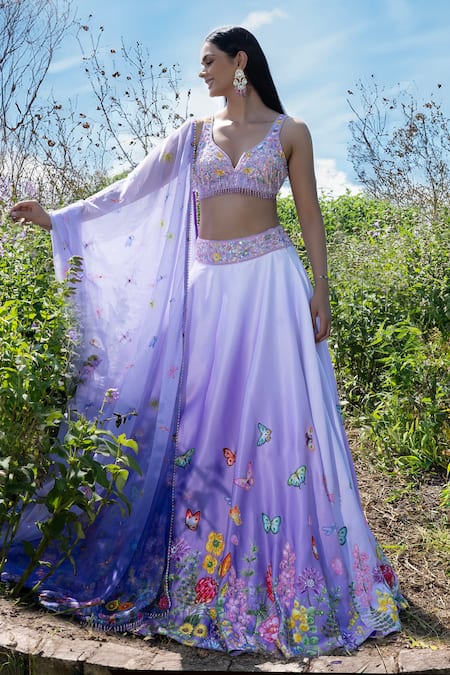 Buy Label Priyanka Kar Purple Silk, Satin Tassels, Embroidery Asymmetric Botanical Hand Lehenga Set Online at Aza Fashions Buy_Label Priyanka Kar_Purple Silk, Satin Tassels, Embroidery Asymmetric Botanical Hand Lehenga Set _Online_at_Aza_Fashions