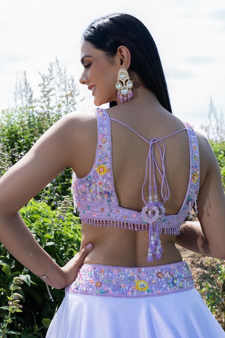 Shop Label Priyanka Kar Purple Silk, Satin Tassels, Embroidery Asymmetric Botanical Hand Lehenga Set Online at Aza Fashions Shop_Label Priyanka Kar_Purple Silk, Satin Tassels, Embroidery Asymmetric Botanical Hand Lehenga Set _Online_at_Aza_Fashions