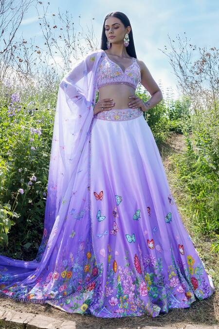 Label Priyanka Kar Purple Silk, Satin Tassels, Embroidery Asymmetric Botanical Hand Lehenga Set at Aza Fashions Label Priyanka Kar_Purple Silk, Satin Tassels, Embroidery Asymmetric Botanical Hand Lehenga Set _at_Aza_Fashions