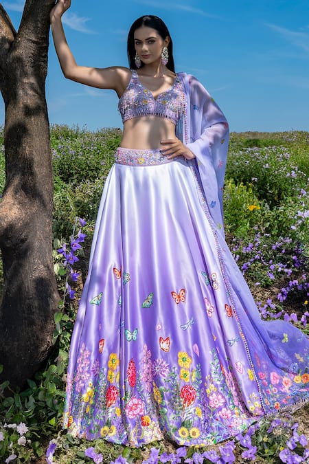 Buy Label Priyanka Kar Purple Silk, Satin Tassels, Embroidery Asymmetric Botanical Hand Lehenga Set Buy_Label Priyanka Kar_Purple Silk, Satin Tassels, Embroidery Asymmetric Botanical Hand Lehenga Set
