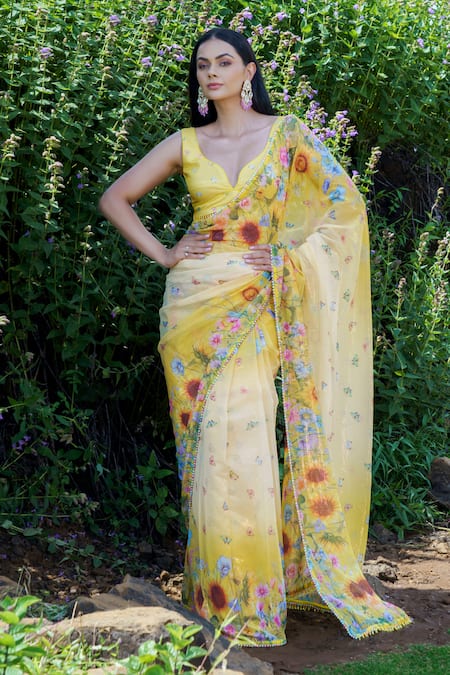 Label Priyanka Kar_Yellow Lurex, Georgette, Crepe Sunflower Printed Pre-draped Saree With Blouse_Online_at_Aza_Fashions