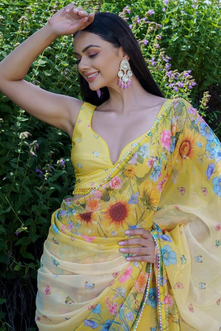 Buy_Label Priyanka Kar_Yellow Lurex, Georgette, Crepe Sunflower Printed Pre-draped Saree With Blouse_Online_at_Aza_Fashions