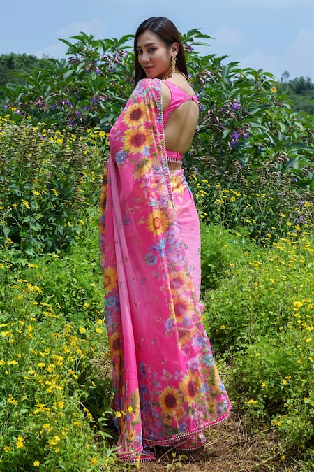 Shop Label Priyanka Kar Pink Lurex, Georgette, Crepe Floral Printed Pre-draped Saree With Blouse at Aza Fashions Shop_Label Priyanka Kar_Pink Lurex, Georgette, Crepe Floral Printed Pre-draped Saree With Blouse _at_Aza_Fashions