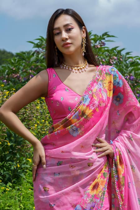 Label Priyanka Kar Pink Lurex, Georgette, Crepe Floral Printed Pre-draped Saree With Blouse Online at Aza Fashions Label Priyanka Kar_Pink Lurex, Georgette, Crepe Floral Printed Pre-draped Saree With Blouse _Online_at_Aza_Fashions