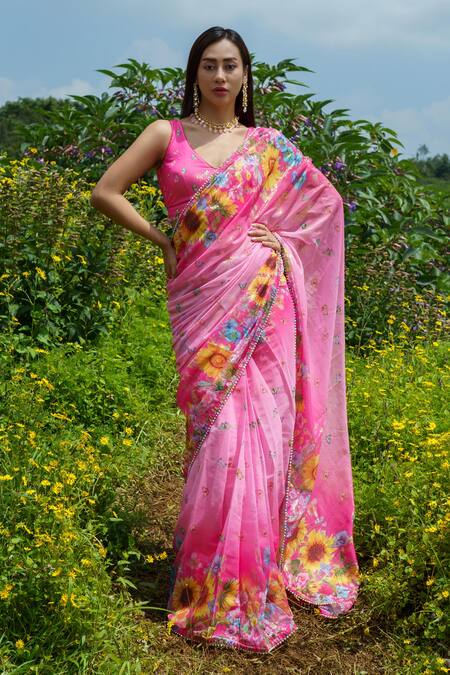 Buy Label Priyanka Kar Pink Lurex, Georgette, Crepe Floral Printed Pre-draped Saree With Blouse Online at Aza Fashions Buy_Label Priyanka Kar_Pink Lurex, Georgette, Crepe Floral Printed Pre-draped Saree With Blouse _Online_at_Aza_Fashions