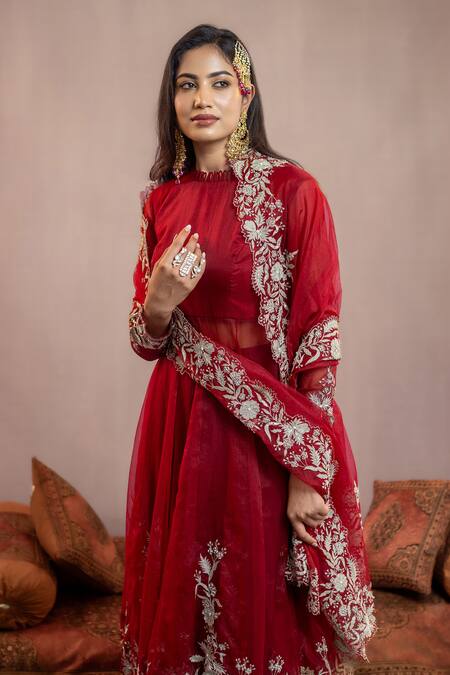 Shop_Aanchal Vijaywargi_Maroon Organza, Georgette Embroidery Aadhya Placement Anarkali Pant Set _Online_at_Aza_Fashions
